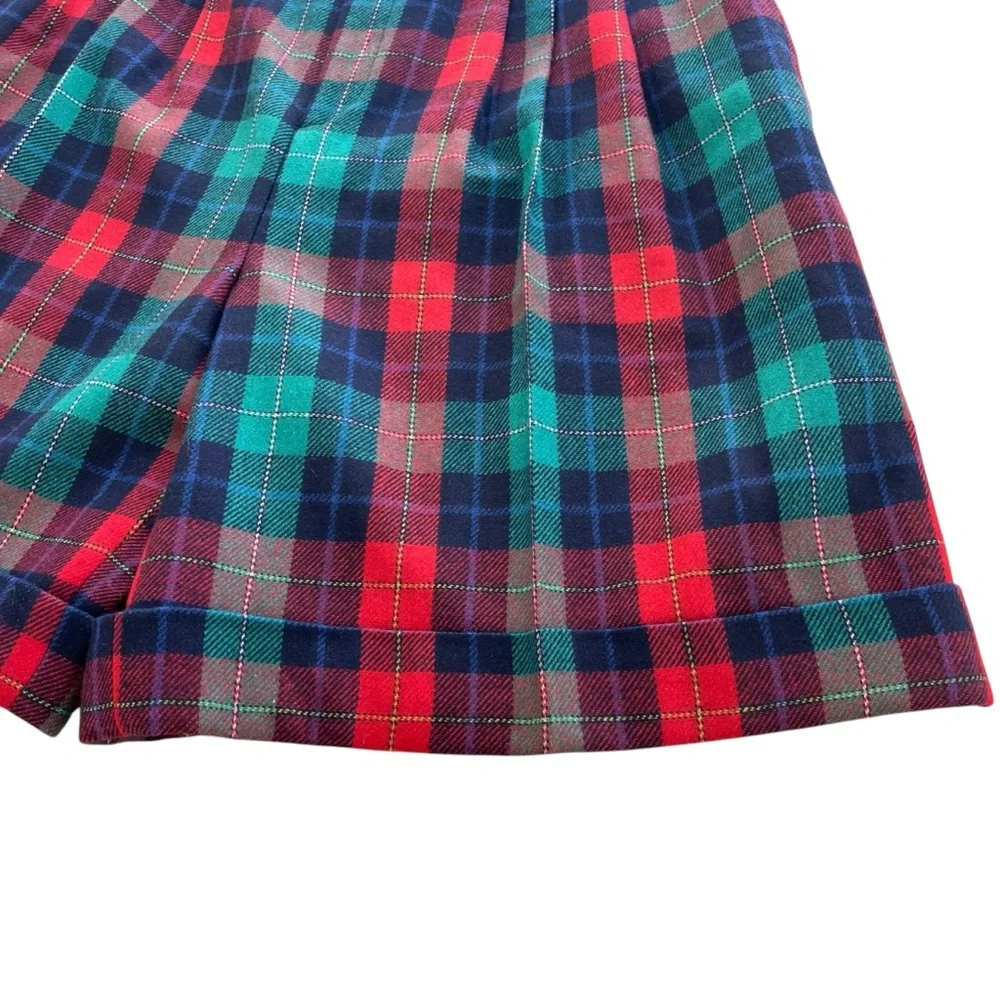 Signature Expressions Women 14 Red Green Plaid Wool Blend Culotte Pleated Shorts